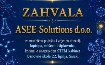 Hvala tvrtki ASEE Solutions d.o.o. na donaciji laptopa za STEM kabinet